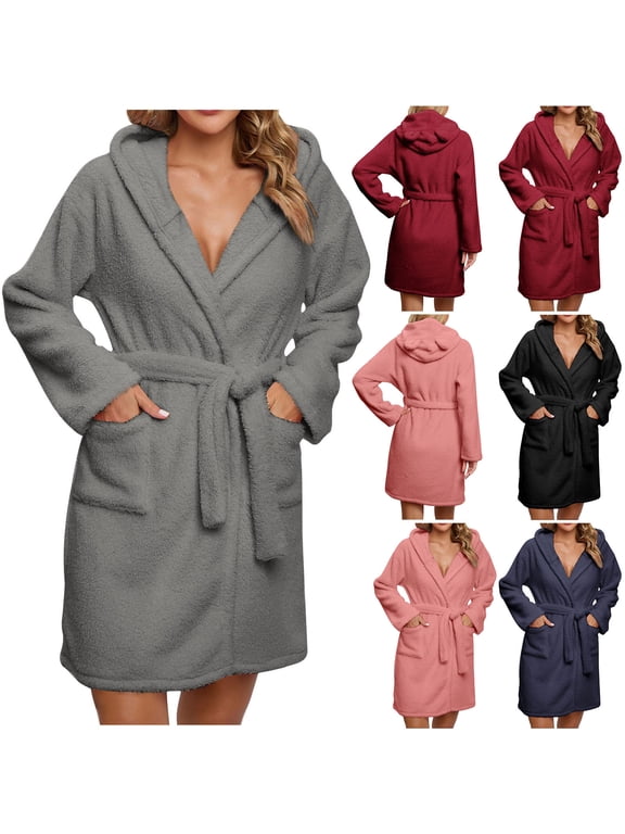 Women's Warm Plush Robe Hooded Short Bathrobe Loungewear Soft Fleece Fuzzy Spa Robes Fall Winter Bath Robes