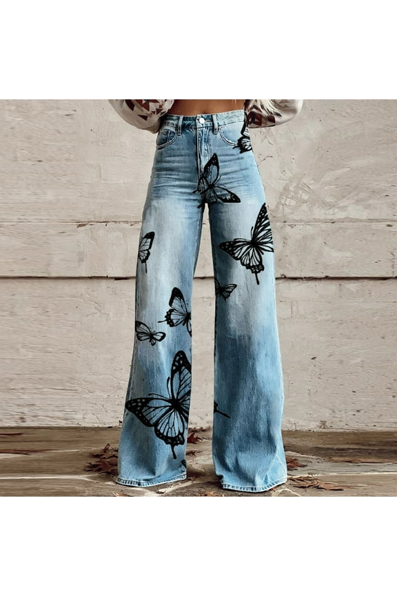 Women's Wide Leg Floral Jeans Printed High Waisted Baggy Straight Leg Jeans Loose Stretchy Casual Denim Pants Black,M