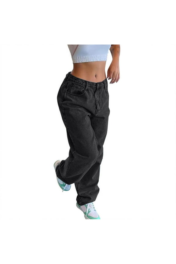 Women's Wide Leg Jeans Loose Baggy High Waisted Straight Leg Stretchy Denim Pants with Pockets Black,L