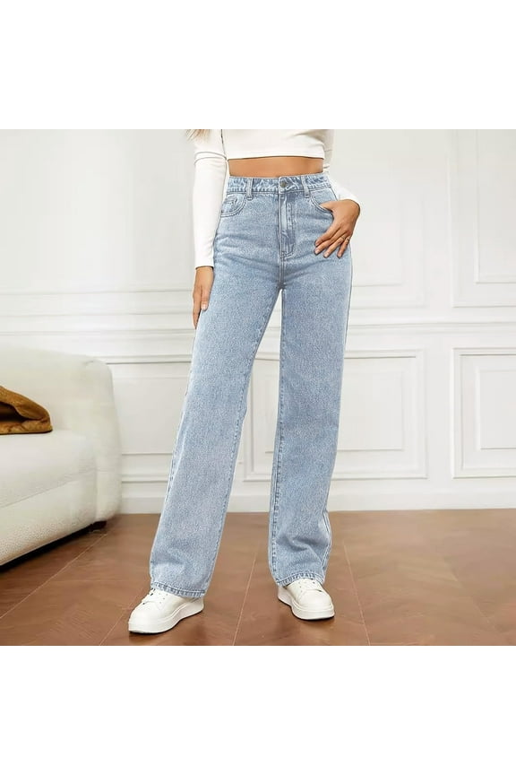 Women's Wide Leg Jeans Plus Size High Waisted Stretchy Straight Leg Jeans Loose Trendy Denim Pants with Pocket Light Blue,L