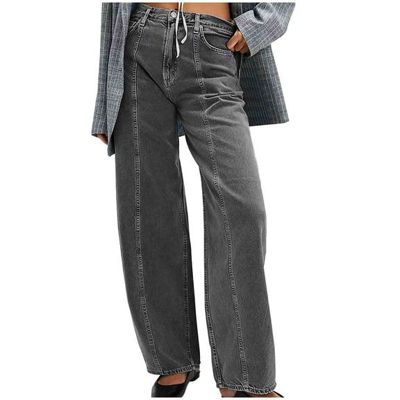 YanHoo Women's Wide Leg Seamed Front Jeans Trendy Casual High Waisted Stretch Baggy Loose Denim Pants with Pocket Gray,S