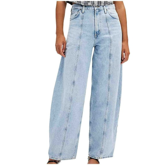 YanHoo Women's Wide Leg Seamed Front Jeans Trendy Casual High Waisted Stretch Baggy Loose Denim Pants with Pocket Light Blue,S