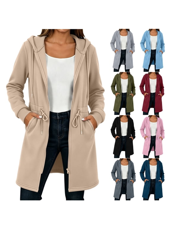 Women's Zip Up Hoodies Oversized Drawstring Long Tunic Sweatshirts Casual Long Sleeve Jacket Coat with Pocket