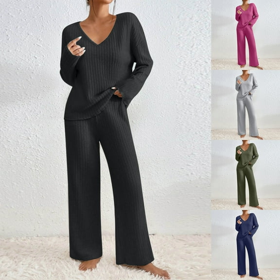 YanHoo Womens 2 Piece Lounge Set V Neck Ribbed Knit Long Sleeve Pullover Tops Long Pants Casual Travel Pajamas Sets Dark Gray,XL