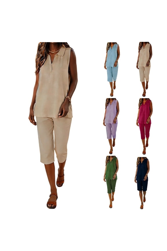 Womens 2 Piece Sets Sleeveless Lapel Tank Tops with Capris Pants Solid Color Casual Set Outfits