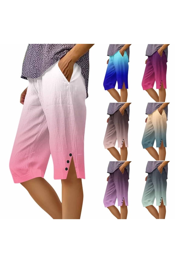 Womens Bermuda Shorts Elastic Waist Button Trim Split Hem Knee Length Shorts Gradient Print Vacation Beach Short Blue,S