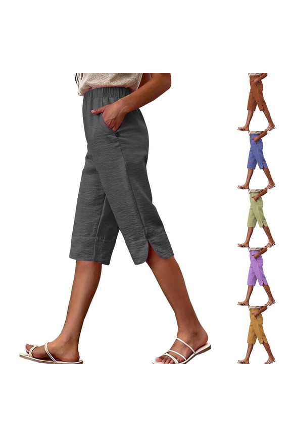 Womens Bermuda Shorts High Elastic Waist Side Split Straight Leg Shorts Casual Knee Length Short Pants with Pockets