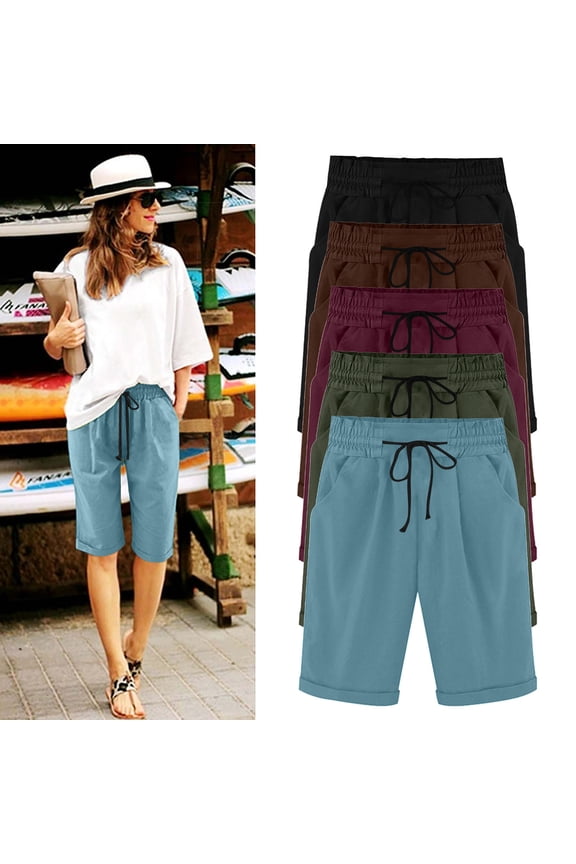 Womens Bermuda Shorts with Pockets Loose Fit Straight Cotton Gauze Shorts Drawstring Waist Solid Knee Length Short Hot Pink,L