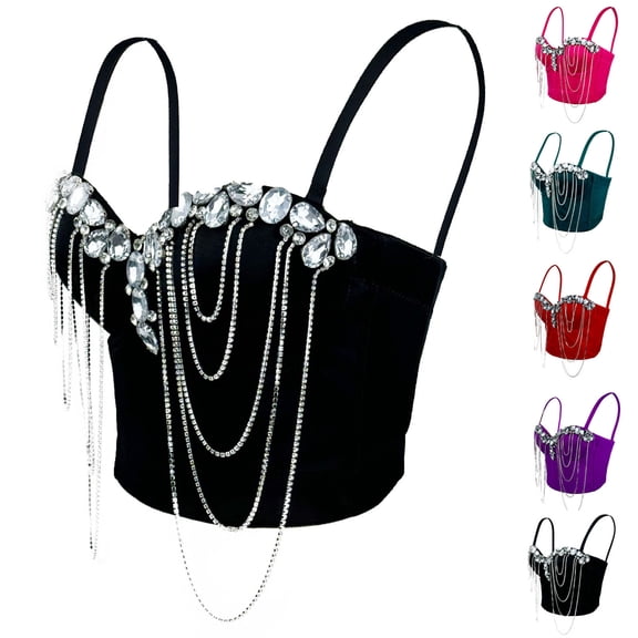 YanHoo Womens Bustier Glitter Rhinestone Chain Corsets Spaghetti Strap Wedding Party Crop Tops Going Out Y2k Top