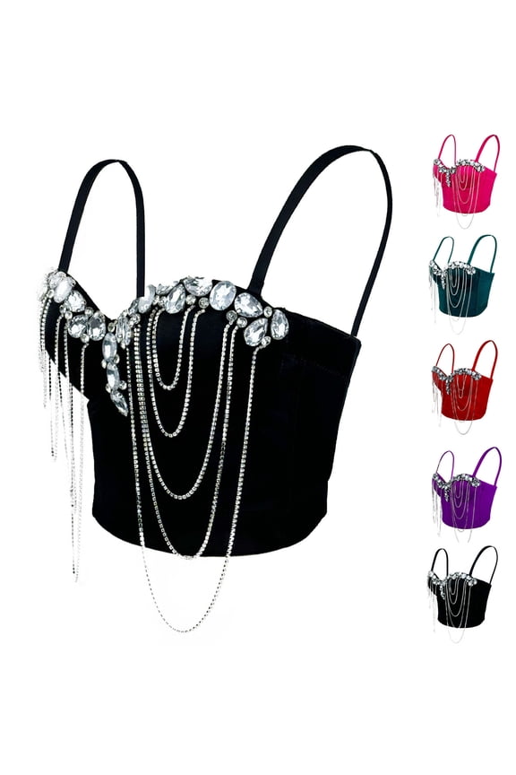 Womens Bustier Glitter Rhinestone Chain Corsets Spaghetti Strap Wedding Party Crop Tops Going Out Y2k Top