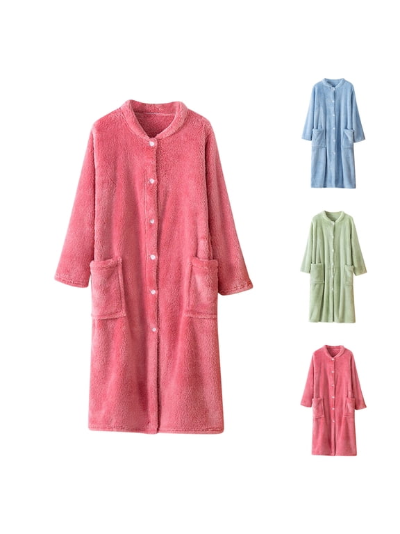 Womens Button Down Housecoats Fuzzy Warm Bathrobes Plush Cozy Robes Knee Length Sleepwear