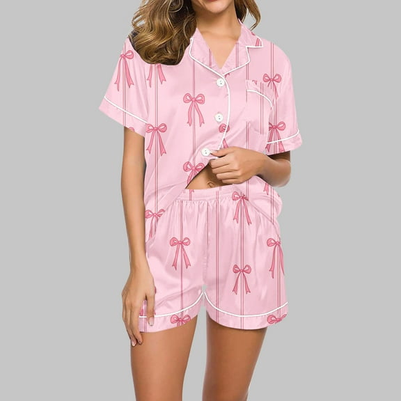 YanHoo Womens Button Down Pajamas Set Cute Printed 2 Piece Short Sleeve Sleepwear Bride Soft Pj Lounge Shorts Sets S-XXL