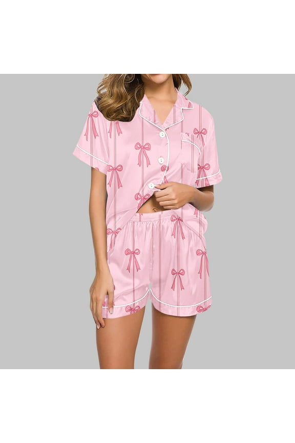 Womens Button Down Pajamas Set Cute Printed 2 Piece Short Sleeve Sleepwear Bride Soft Pj Lounge Shorts Sets S-XXL