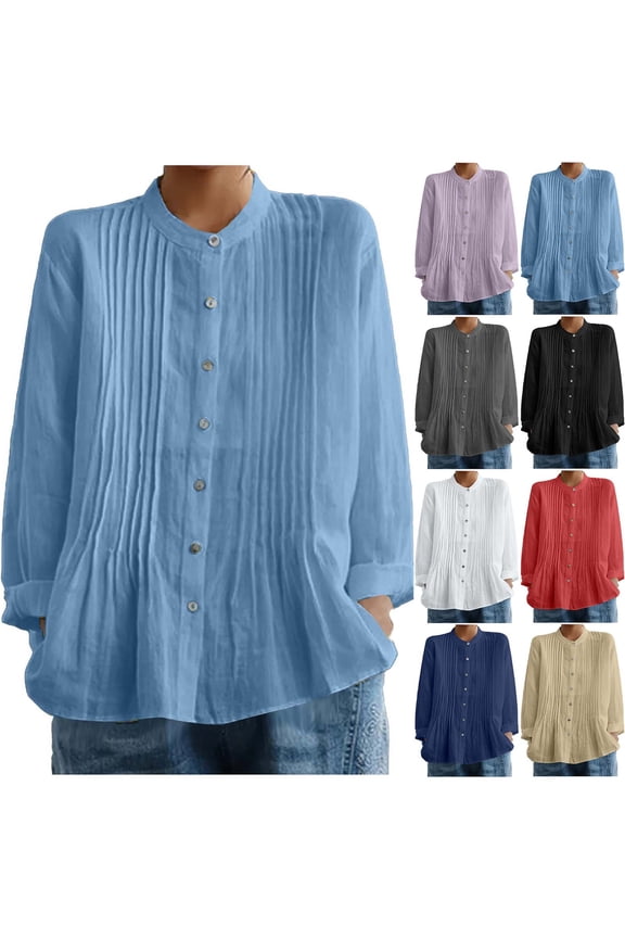 Womens Button Down Shirt Cotton Linen Long Sleeve Crew Neck Dress Shirts Pleated Casual Loose Fit Work Blouse Oversized Tops Hot Pink,M