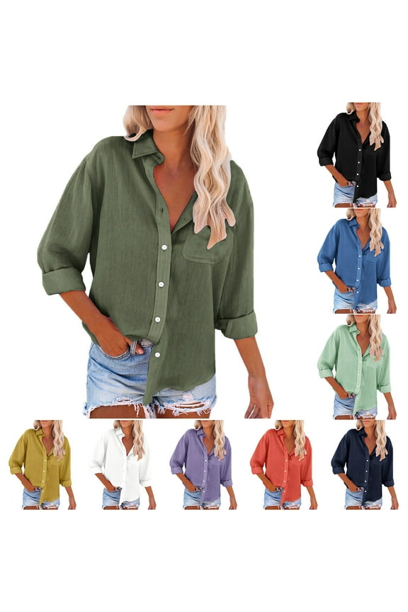 Womens Button Shirts Long Sleeve Cotton Linen Gauze Tops Casual Collared Blouses Loose Fit Solid Summer Fall Tees Navy,XL