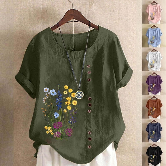 YanHoo Womens Button Down Shirts Plus Size Short Sleeve Cotton Gauze Tops Loose Fit Casual Dressy Blouses Cute Floral Printed Boho Vacation Shirt Black,L