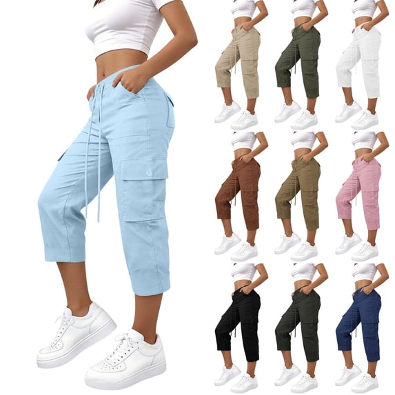 YanHoo Womens Cargo Capris Elastic Waisted Drawstring Workout Capri Pants Outdoor Hiking Cropped Trousers with Pockets