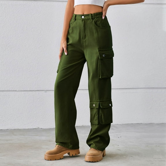 YanHoo Womens Cargo Pants with 8 Pockets High Waist Wide Leg Jean Casual Pants Stretchy Loose Baggy Trousers Army Green,XL