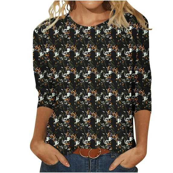 YanHoo Womens Clearance Workout Tops 3/4 Sleeve Crew Neck Tees Ladies Print Mid-Length Sleeve Pullover Blouse Shirts