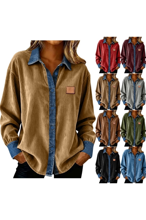 Womens Corduroy Button Down Boyfriend Shirts Denim Patchwork Casual Collar Long Sleeve Work Blouses Loose Dressy Tunic Tops Army Green,M