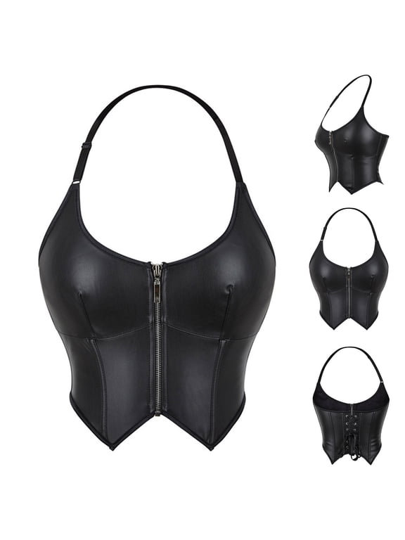 Womens Corset Tops Faux Leather Pu Crop Top Front Zipper Slim Fit Bodyshaper Bustier for Going Out Clubwear Party