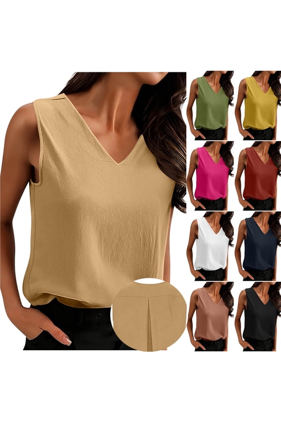 Womens Cotton Linen Tank Tops V Neck Casual Cami Sleeveless Blouses Back Pleated Summer Solid Basic Tee Shirts Navy,S