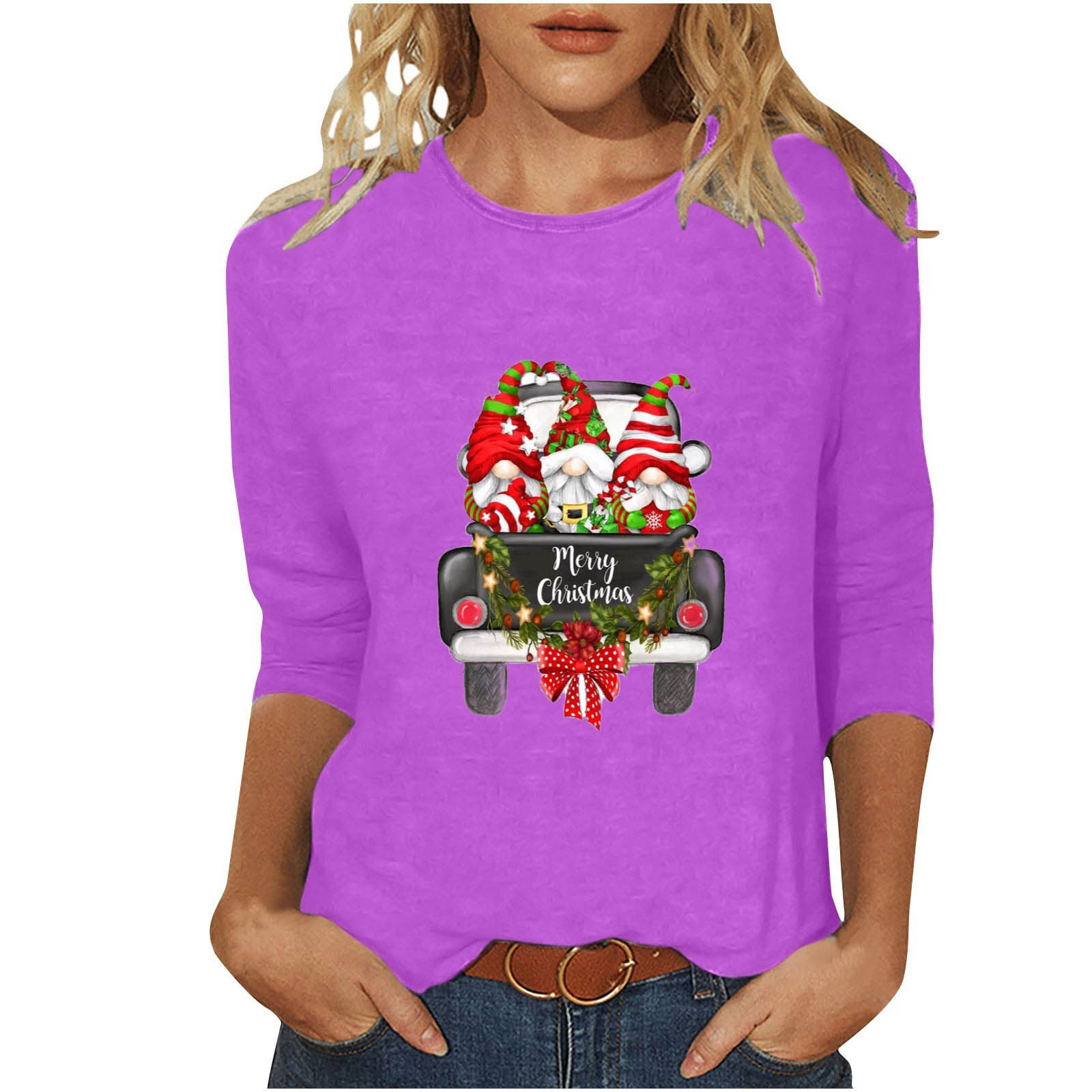YanHoo Womens Crewneck 3/4 Sleeve Tops Plus Size Christmas Shirts Cute
