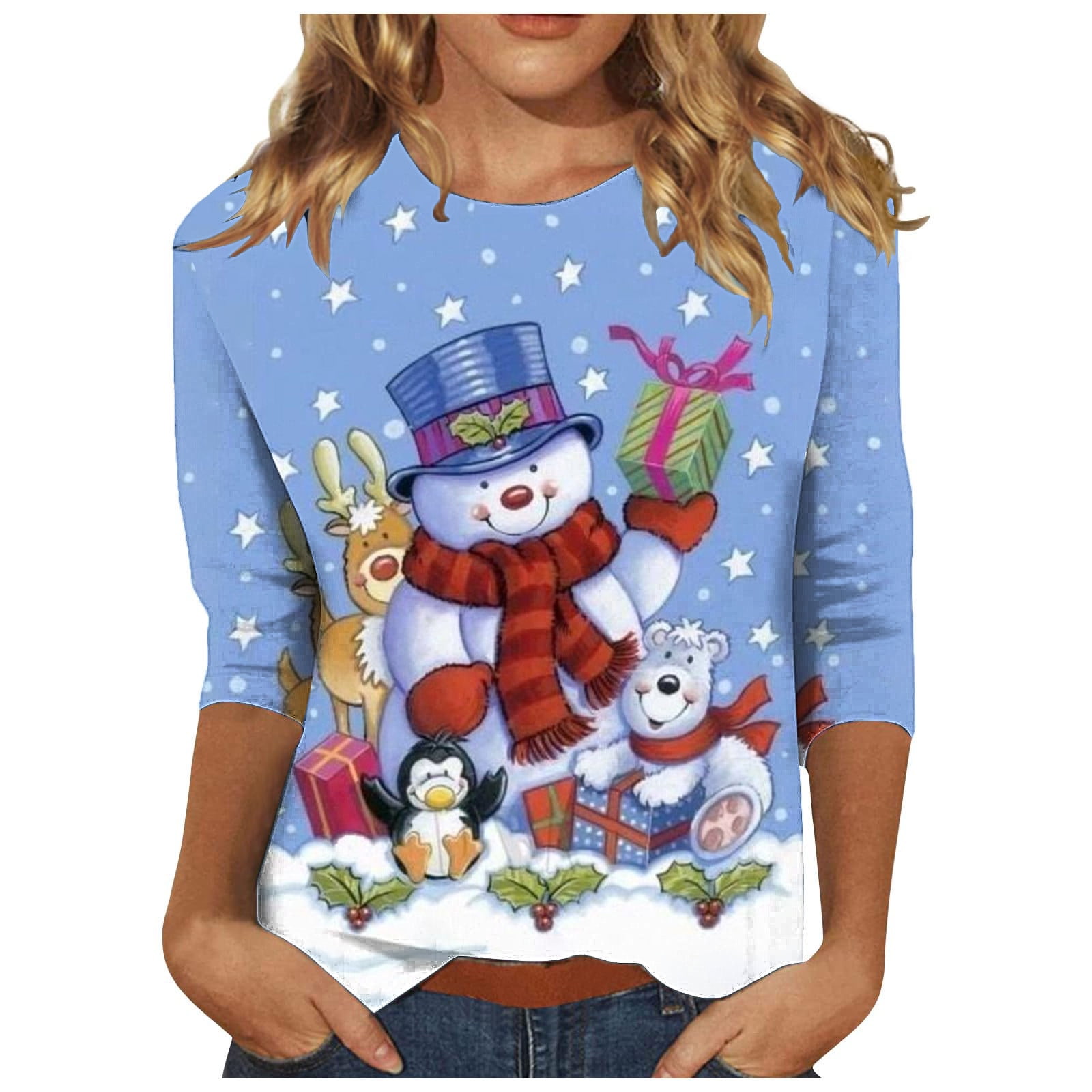 YanHoo Womens Crewneck 3/4 Sleeve Tops Plus Size Christmas Shirts Cute