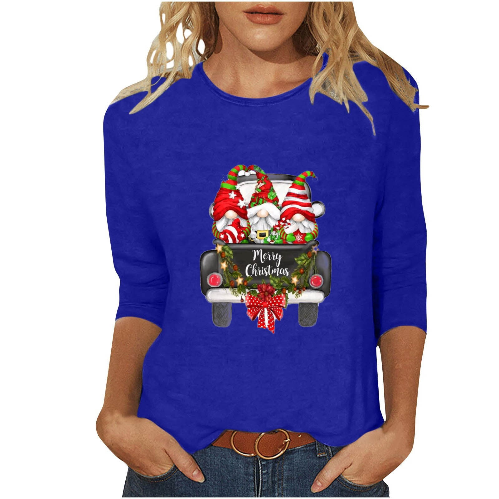 YanHoo Womens Crewneck 3/4 Sleeve Tops Plus Size Christmas Shirts Cute Cute Christmas Shirts