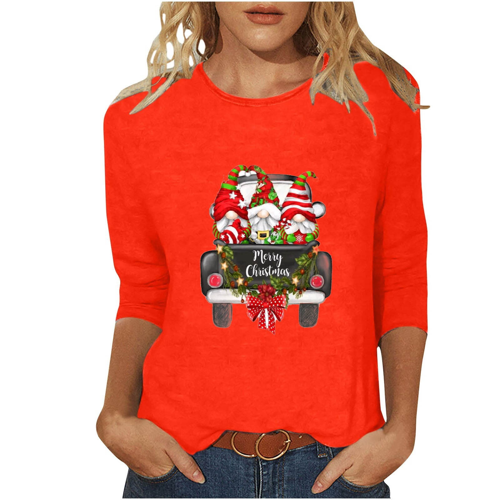 YanHoo Womens Crewneck 3/4 Sleeve Tops Plus Size Christmas Shirts Cute
