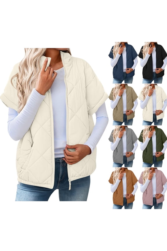 Womens Cropped Puffer Vest Oversized Padded Zip Up Jackets Stand Collar Cap Sleeve Vest Coat Fall Winter Outfits