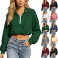 thumbnail image 1 of YanHoo Womens Cropped Sweatshirts Quarter Zipper Lapel Pullover Tops Classic Fit Long Sleeve Sweatshirt, 1 of 8