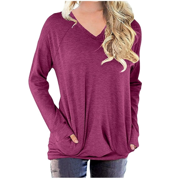 YanHoo Long Sleeve Tunic Tops for Women Solid Basic Casual V Neck Tunic Shirts