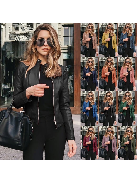 Womens Faux Leather Jacket Long Sleeve Zip Up Slim Fit Cropped Bomber Jackets Moto Biker Coats