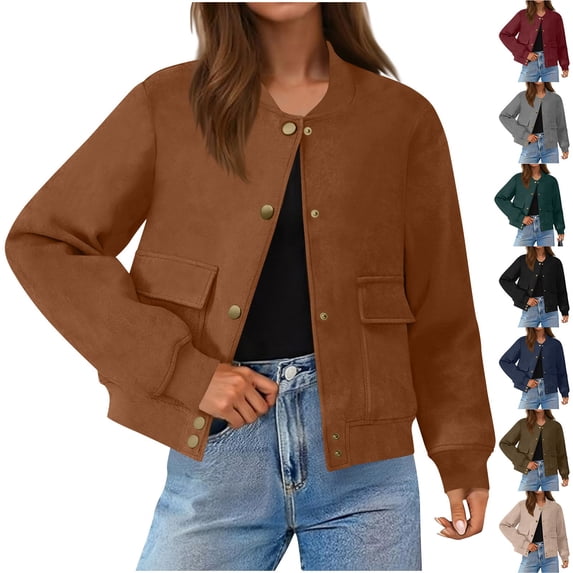 YanHoo Womens Faux Suede Leather Bomber Jacket Cropped Button Down Long Sleeve Jackets Casual Varsity Outerwear With Pockets