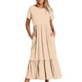 thumbnail image 1 of YanHoo Womens Flowy Maxi Dresses 2026 Summer Short Sleeve Round Neck Swing Tiered Casual Long Dress Solid Loose Fit Pleated T Shirt Dress with Pocket Sale DressesWomen, 1 of 6