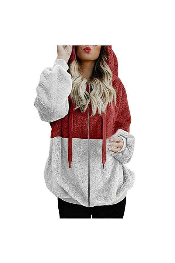 Womens Fuzzy Fleece Hoodies Jackets Zip Up Hooded Sweatshirts Sweater Warm Faux Fur Winter Coat with Pockets