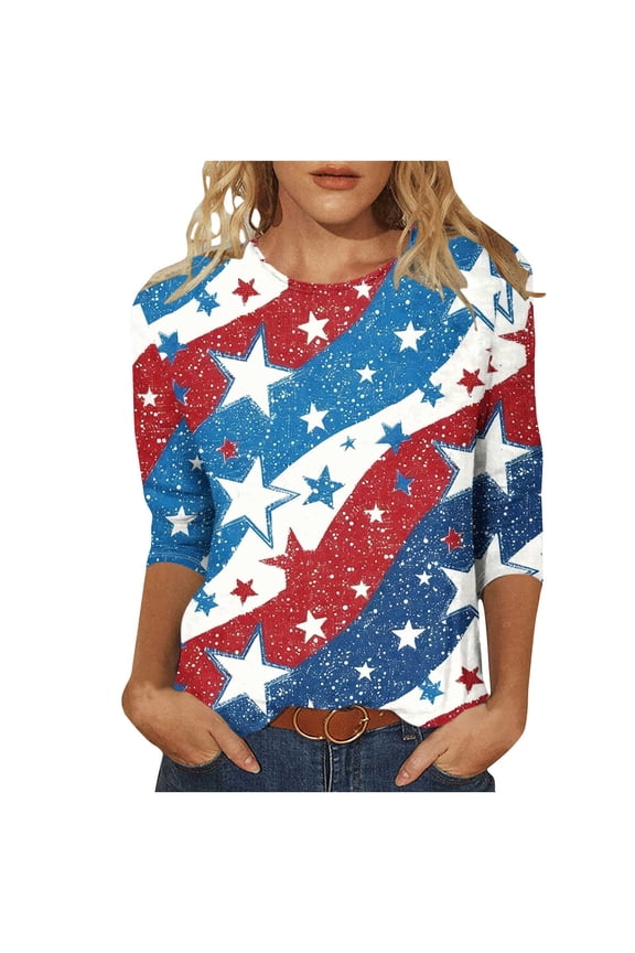 Womens Graphic T Shirts 4th of July Casual 3/4 Length Sleeve Round Neck Tunic Shirts Womens Summer Tops 4th Fourth of July