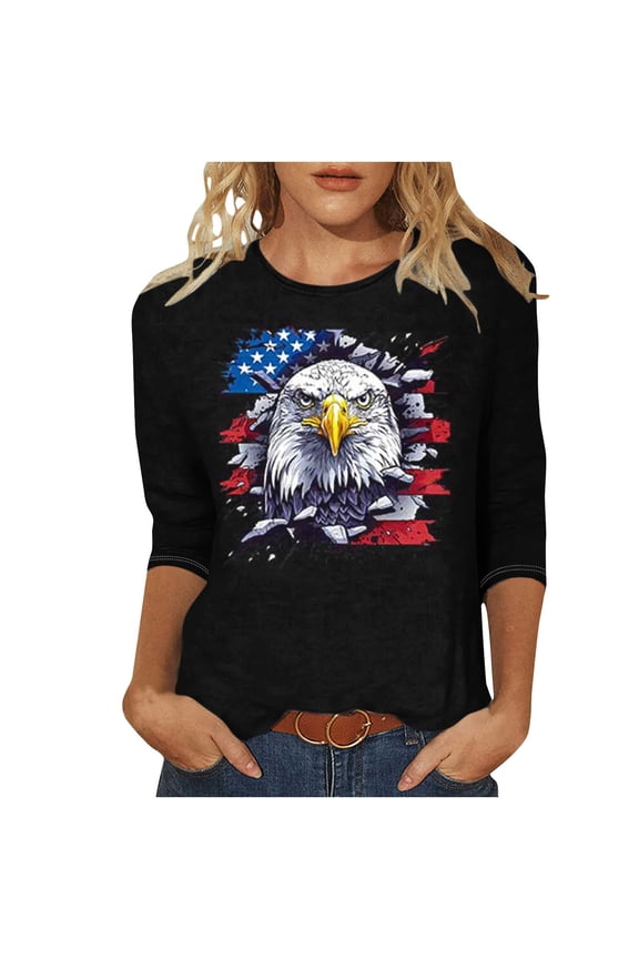 Womens Graphic T Shirts 4th of July Casual 3/4 Length Sleeve Round Neck Tunic Shirts Womens Summer Tops 4th Fourth of July