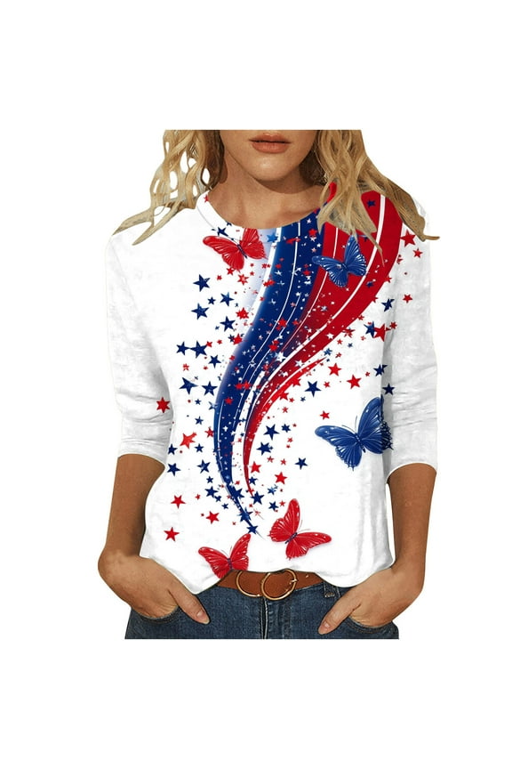 Womens Graphic T Shirts 4th of July Casual 3/4 Length Sleeve Round Neck Tunic Shirts Womens Summer Tops 4th Fourth of July