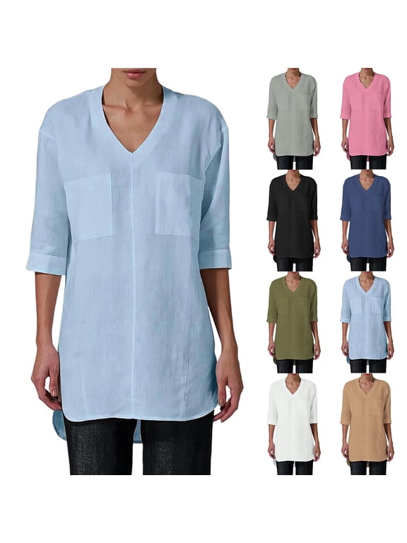 Womens Half Sleeve Shirts V Neck Solid Color Pullover Tops Fall Casual Blouses with Pocket