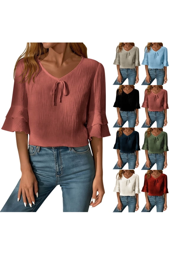 Womens Half Sleeve Tops Double Layer Cotton Linen Shirts V Neck Ruffled Casual Loose Fit Blouses Work Office Basic Tees Gray,M
