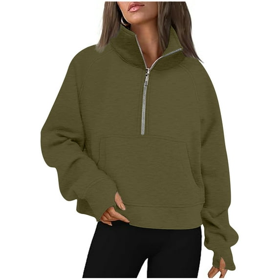 YanHoo Womens Half Zip Up Hoodies Teen Girls Y2K Cropped Sweatshirts Fleece Quarter Zip Up Long Sleeve Pullover Sweater Tops with Pocket
