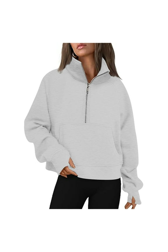Womens Half Zip Up Hoodies Teen Junior Y2K Cropped Sweatshirts Fleece Quarter Zip Up Long Sleeve Pullover Sweater Tops with Pocket