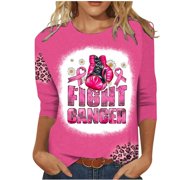 YanHoo Womens Halloween 3/4 Sleeve Tops Casual Pink Cancer Fight T Shirt Crewneck Pullover Tee 2023 Fall Trendy Outfits