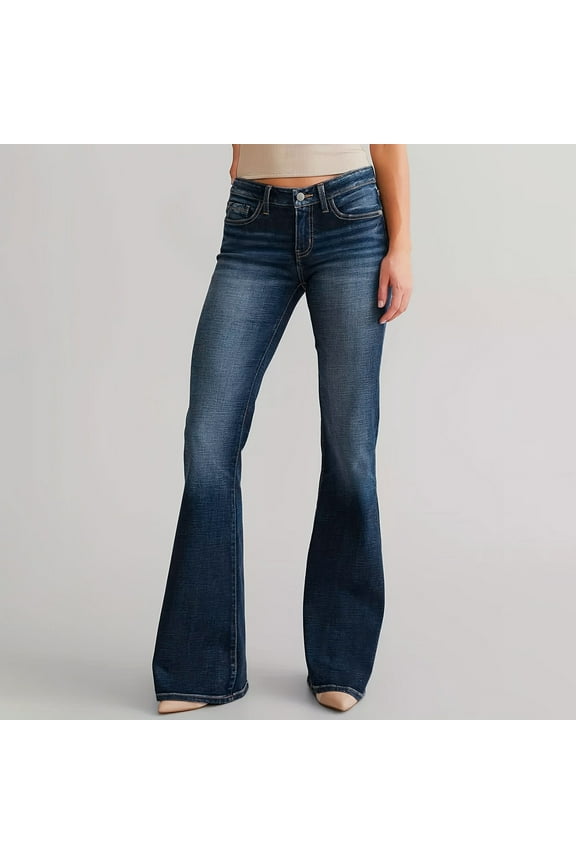 Womens High Stretch Mid-Rise Flare Jeans Bell Bottom Bootcut Jeans Wide Leg Flare Jeans Loose Baggy Denim Pants Blue,L
