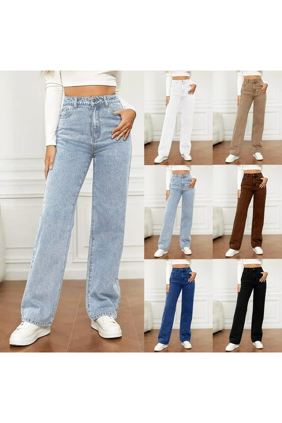 Womens High Waisted Jeans Stretchy Straight Leg Denim Pants Loose Trendy Jean Pants with Pockets Brown,XL