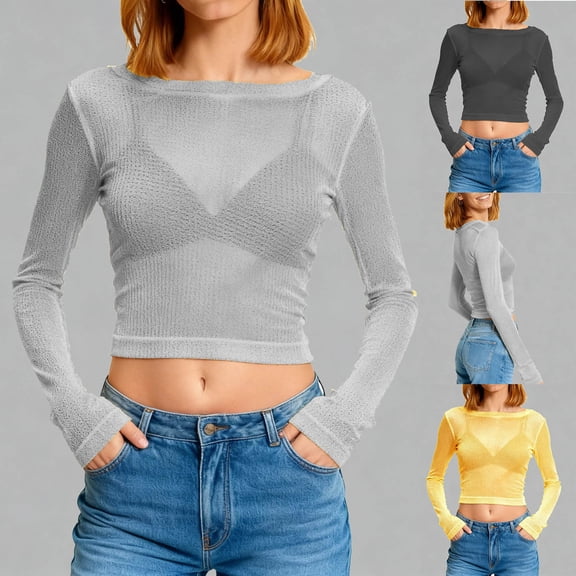 YanHoo Womens Lace Sheer Long Sleeve T Shirts Spring Fashion 2026 Basic Crop Tops Crew Neck Going Out Outfits Y2k Clothes Gold,S