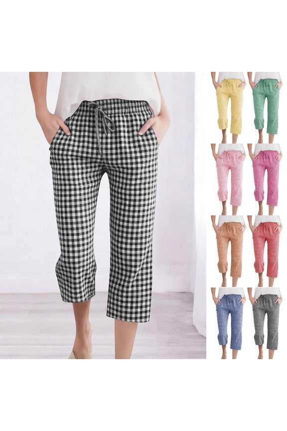 Womens Linen Capris Pants Trendy Elastic Waisted Drawstring Plaid Pant Summer Casual Cropped Trousers with Pockets