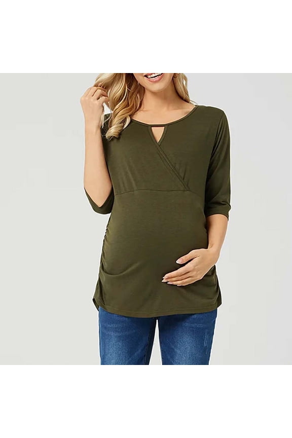 Womens Maternity Shirts Summer Half Sleeve Wrap V Neck Blouse Nursing Tops Cross Over Breastfeeding Pregnancy Clothes Green,M